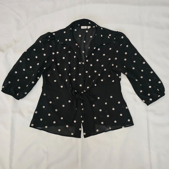 CATO Black Sheer Polka Dot Waist Tie 3/4 Sleeve Blouse Women's Size XL - Picture 2 of 14